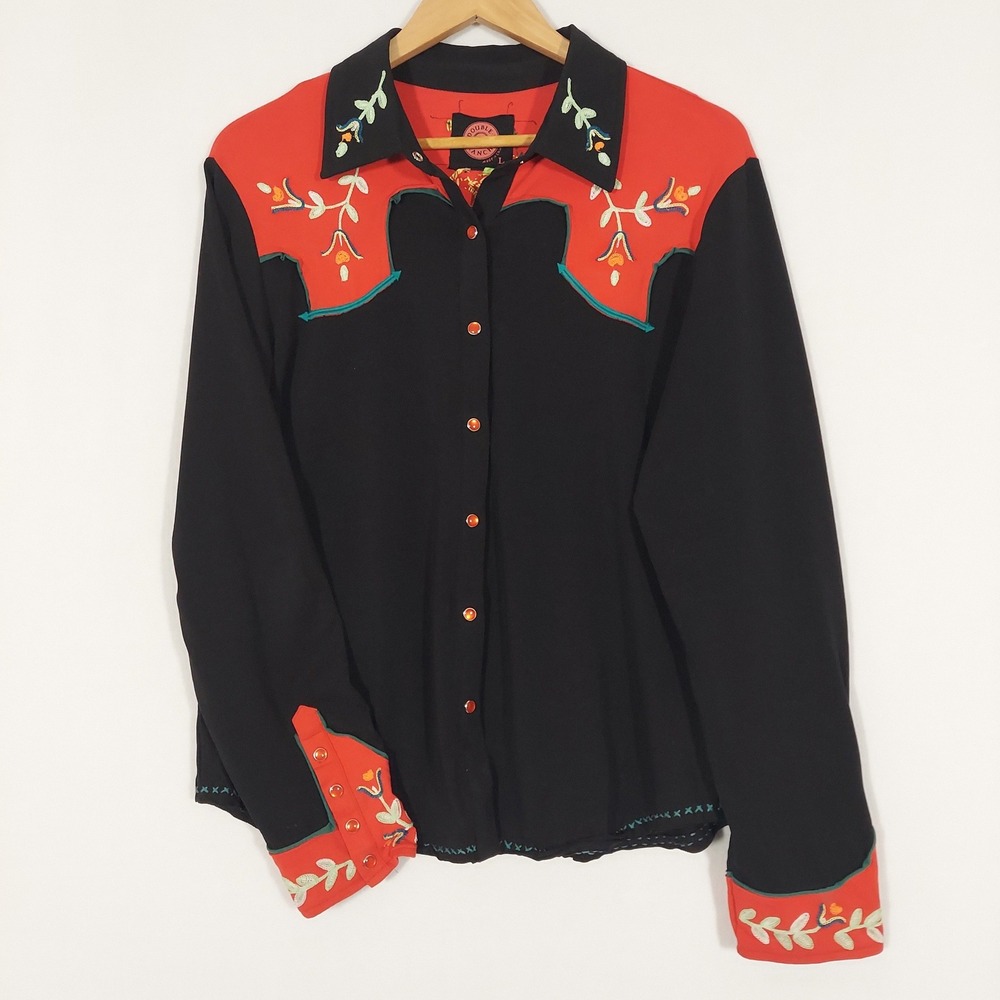 Double D Ranch L Embroidered Western Shirt Black Red Rodeo Cowgirl Snap Front